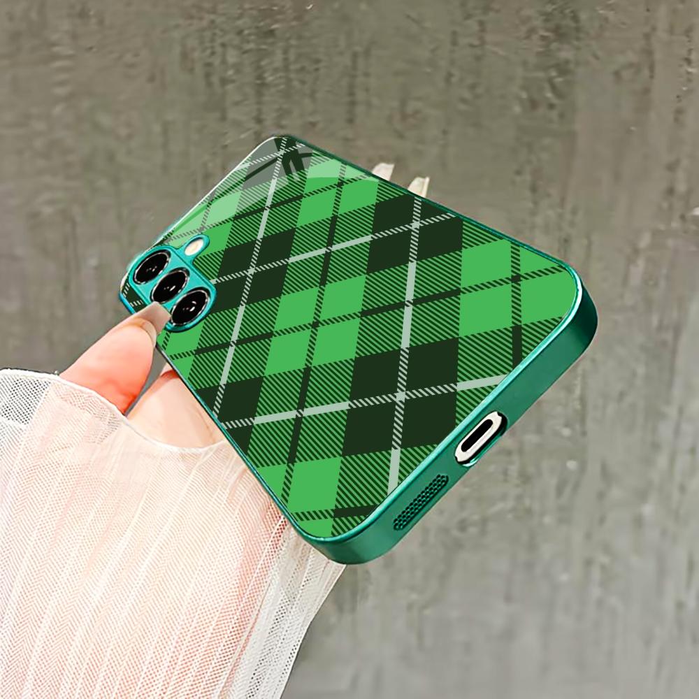 Checkered pattern PhoneCase Glass PhoneCase for Samsung Galaxy S26 S25 S24 S23 S22 FE Ultra Plus Built-in glass green Exquisite