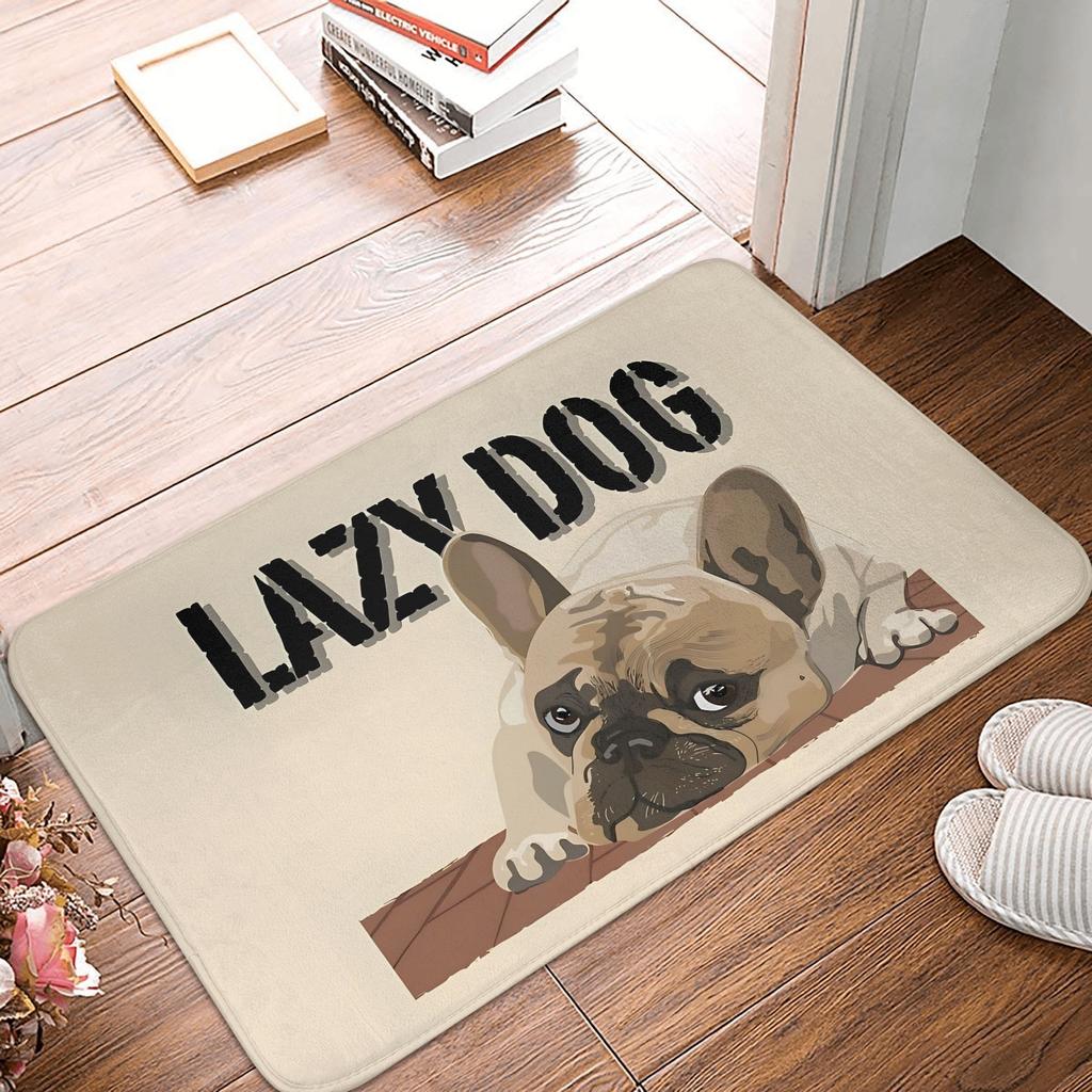 French Bulldog Illustration Doormat Beige Brown Black Printed Polyester Machine Washable Cold Water Only 80x50cm