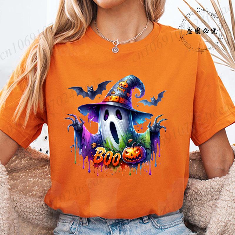 Women Cute Spooky Witch Print T Shirt Graphic Harajuku Streewear Halloween Horror Graphic Tee Clothes Causal Female Y2K Tops Tee