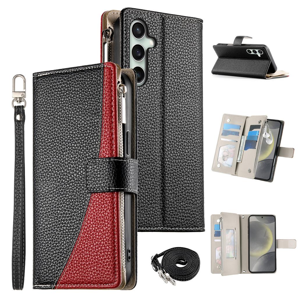 For Samsung Galaxy S24 FE Case Zipper Wallet Color Splicing Leather Flip Phone Cover with Straps