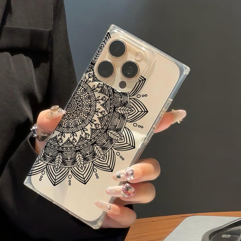 Clear Square Back Tube Case Protection For iPhone 15 Plus 14 Pro Max 12 16 ProMax 13 11 Anti-Oxygen,Black Mandala Pattern Casing