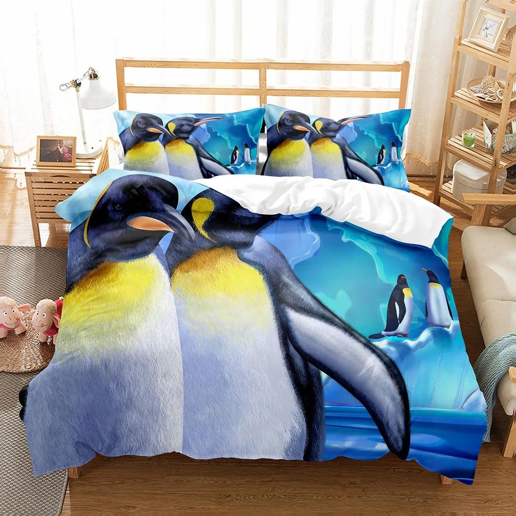 Cute Penguin Pattern Duvet Cover Set Cute Kawaii Animals For Boys Girls Bedroom Decor Polyester Comforter Cover King Queen Size
