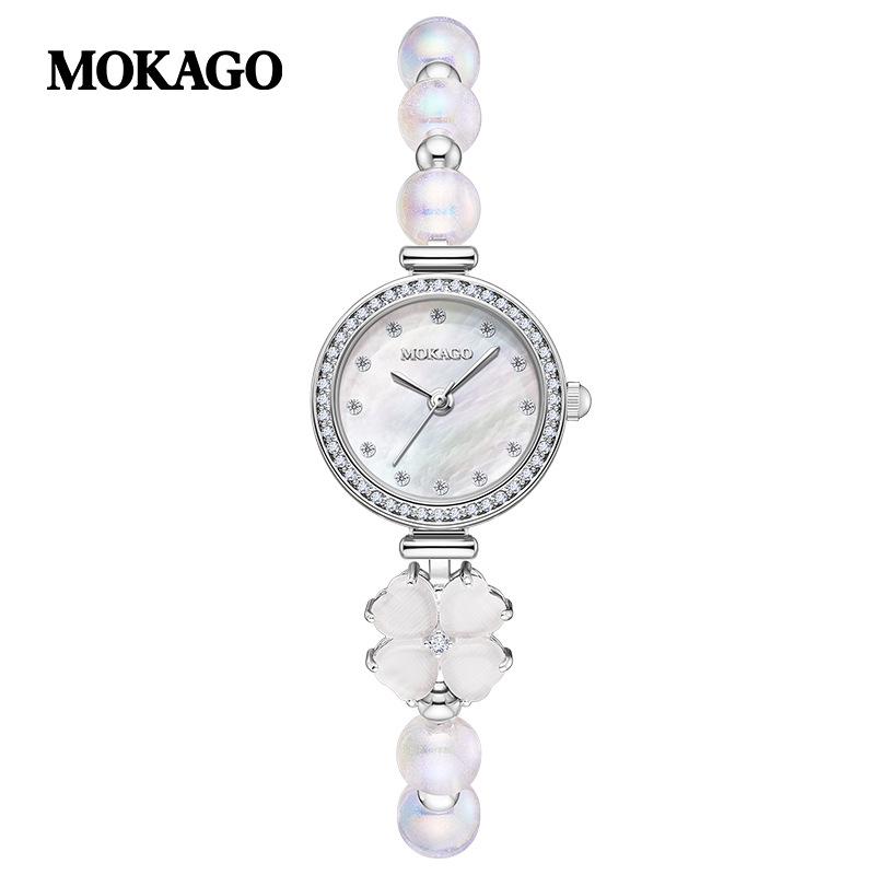 MOKAGO Women s Elegant Quartz Watch: Diamond & Mother-of-Pearl Inlay, Waterproof, Pearl Bracelet, Retro Alloy Design.