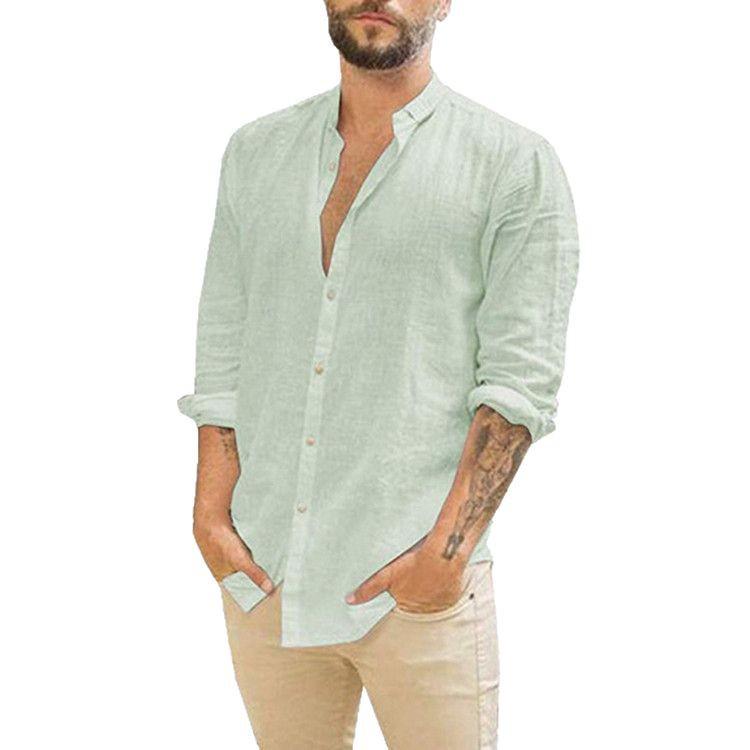 Men's European & American Linen Stand-Up Collar Cardigan Shirt - Solid Color, Long Sleeve, Casual, 2021