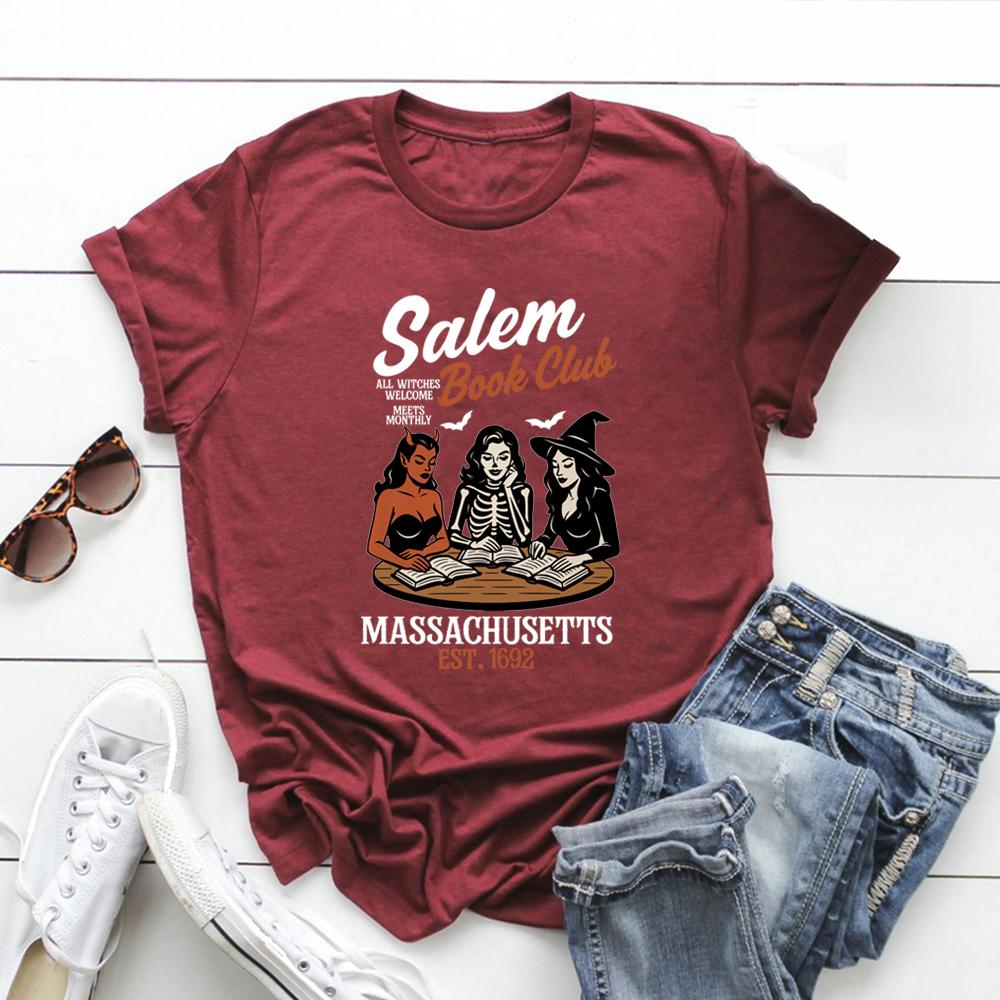 Witchy Book Club T-Shirt Spooky Girl Reading Tshirt Book Lover Halloween T-shirt Casual Women Graphic T Shirts Witches Salem Tee