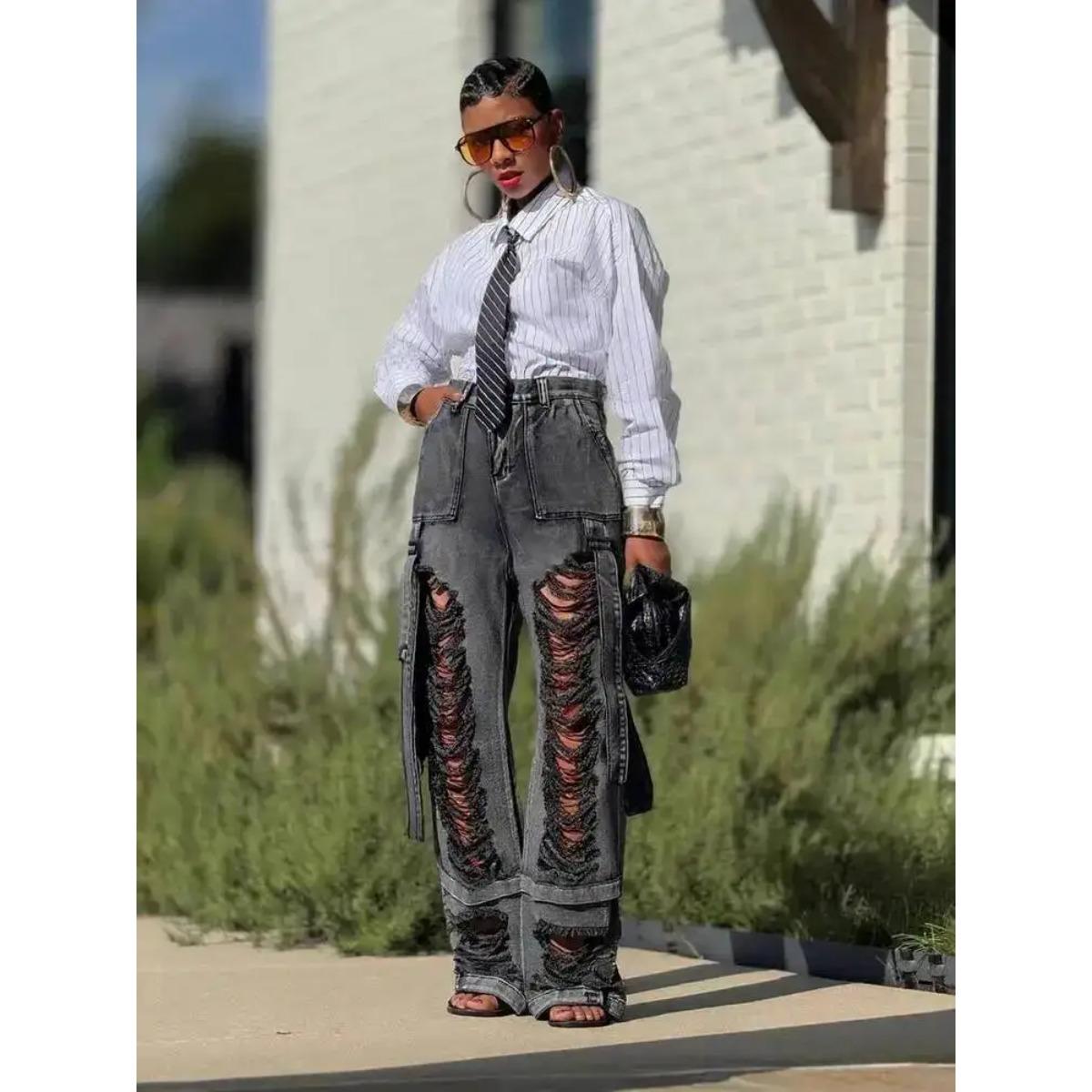 

European And American Style Loose Perforated Ribbon Straight Tube Workwear Jeans For Women S чёрный