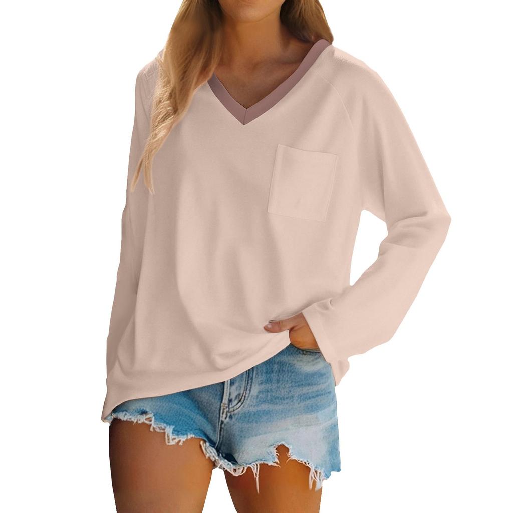 Women's Raglan Long Sleeve V-Neck T-Shirt Splicing Solid Color Casual Top Pullover V-Neck Pocket Bottoming Shirt