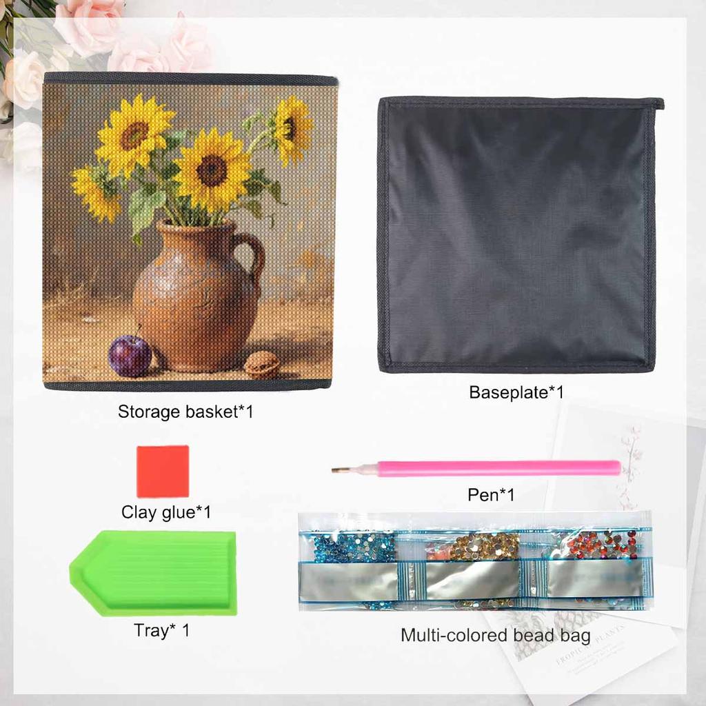 Charmante Sonnenblumen 5D Diamantmalerei Aufbewahrungskorb Vollrunde Bohrmosaik Diamantstickerei Kreuzstich-Sets Heimdeko Heimdeko