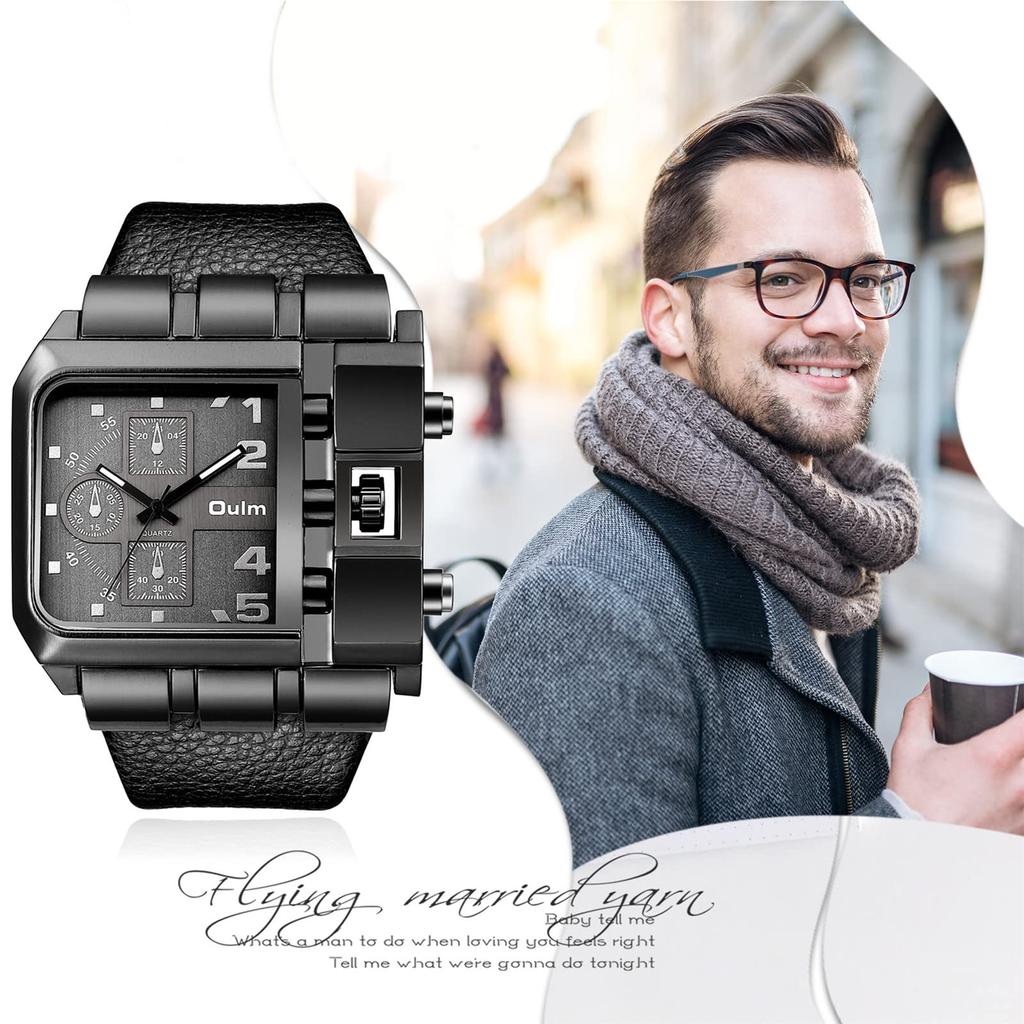Men's Square Watch, Stylish Sports Watch with Leather Strap, Waterproof, Casual, Business, Black, Gift for Boyfriend, Fashion Accessory