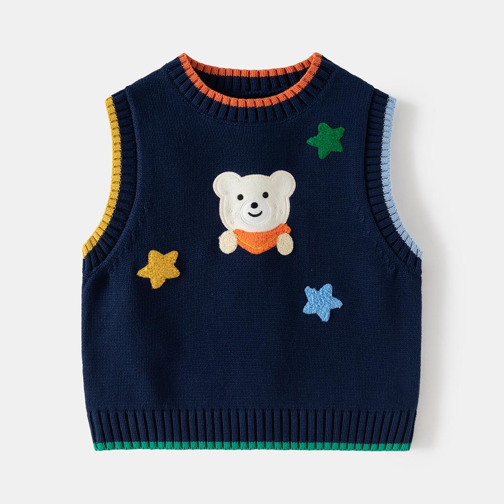 Cartoon Bear Pattern Sleeveless Pullover Knit Vest For Kids Boys And Girls