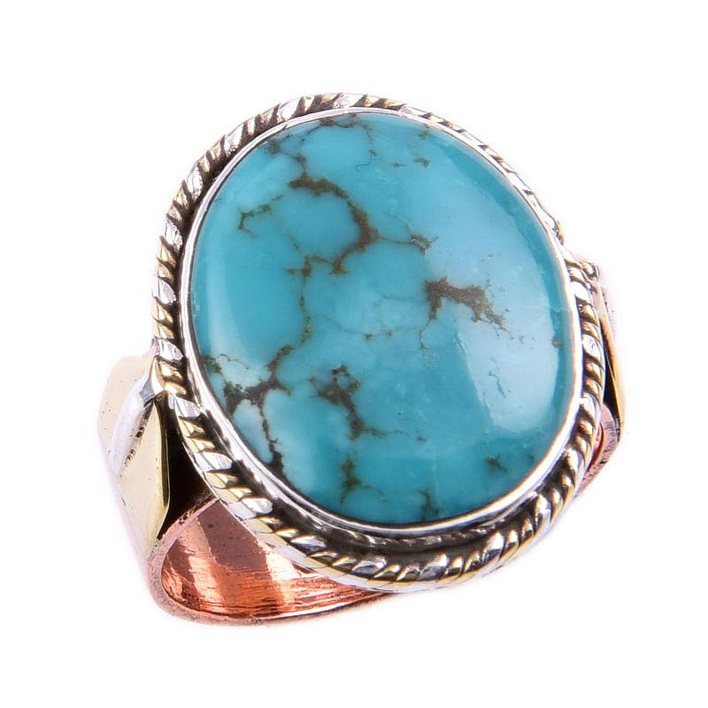 Natural Tibetan Turquoise Gemstone 925 Solid Silver Two Tone Ring S.6.5US F3W93