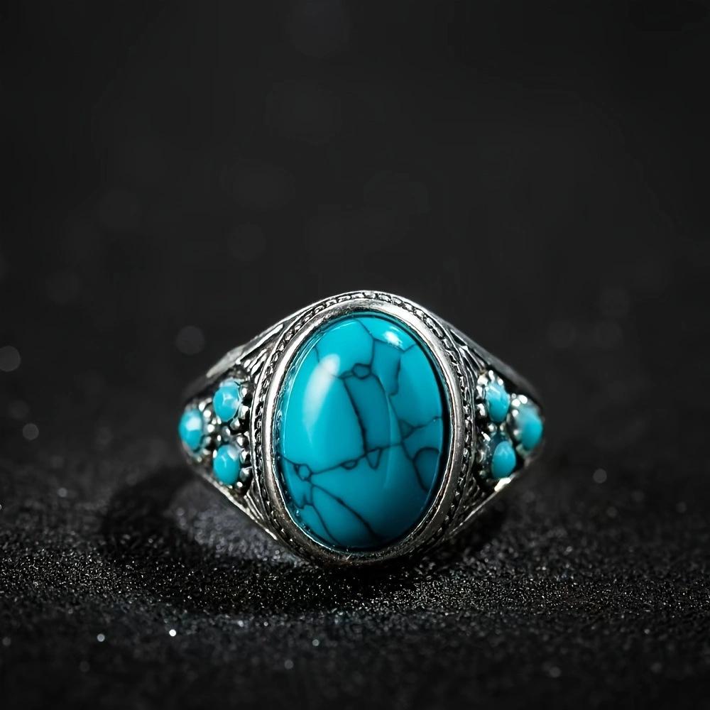 Bohemian Floral Turquoise Ring: Retro Carved Finger Jewelry with Niche Personality