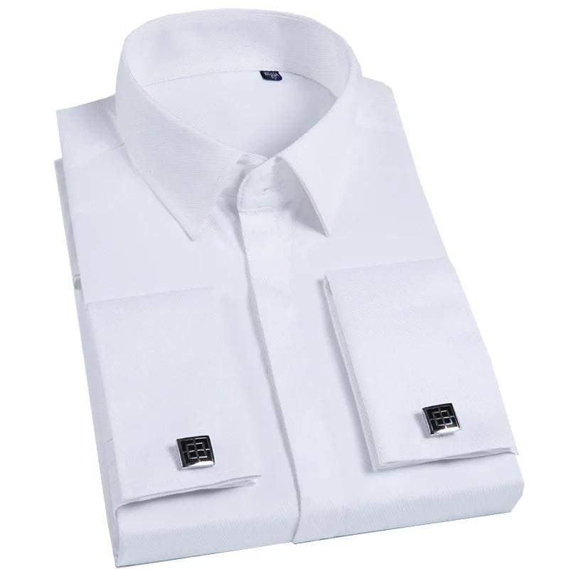 Quality Men French Cufflinks Shirt Hidden Button Men's Shirt Long Sleeve Casual Slim Fit Cuff Dress Shirts (Cufflinks Included)
