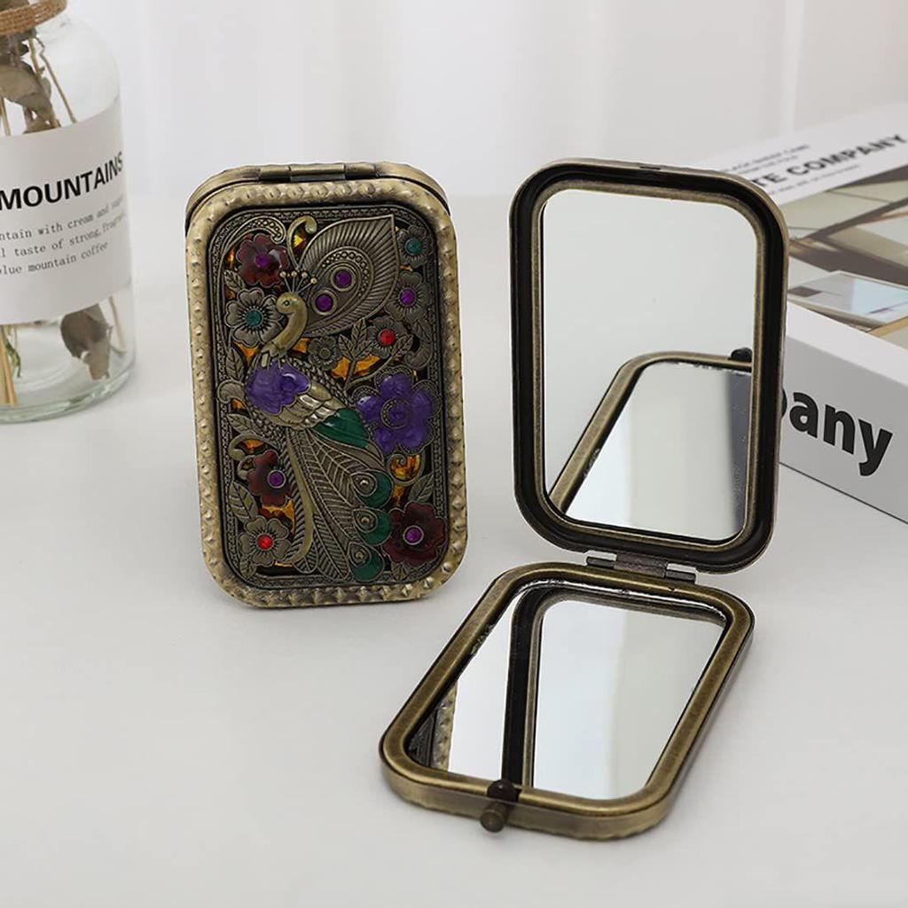 Vintage Foldable Metal Princess Style Purse Mirror Compact Small Mirror Magnifying Vintage Pocket Mirror (Random Pattern, Set of 1)
