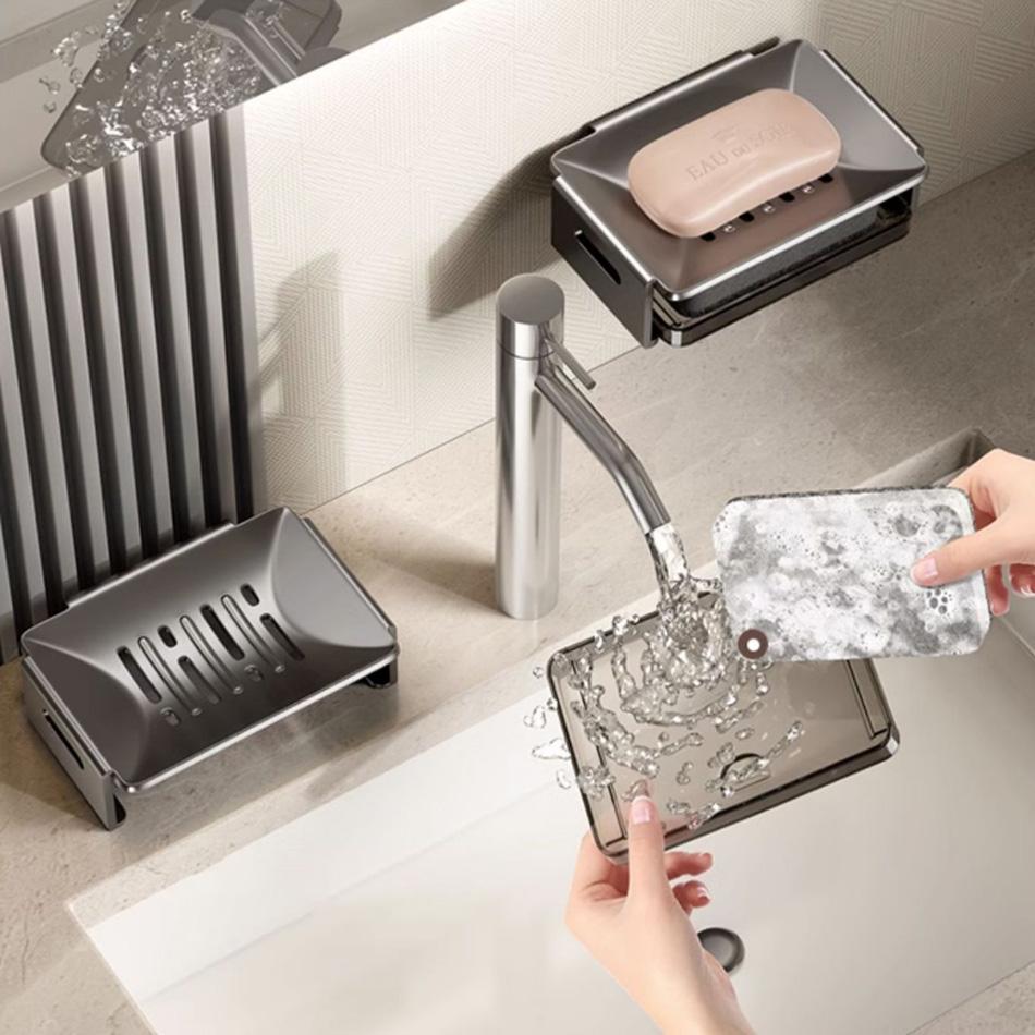 Bathroom Soap Box Adhesive White Grey Aluminum Wall Mounted Washroom Lavatory Kitchen Hand Wash Shower Soap Dish Holder Rack
