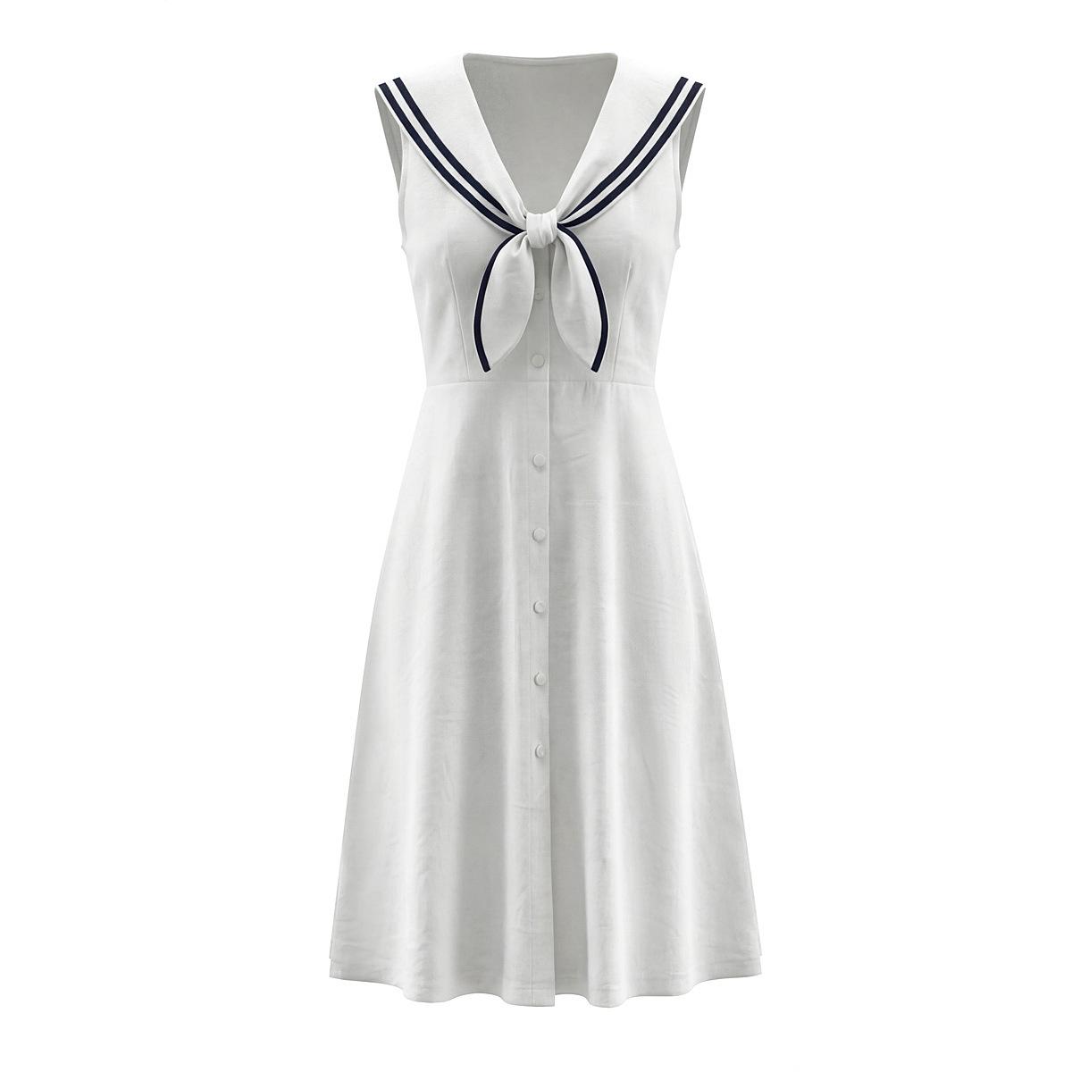 Women s Summer Preppy Style French Sailor Collar Dress with Bow Tie and Lace-up, Age-Reducing Sleeveless Long Skirt L белый