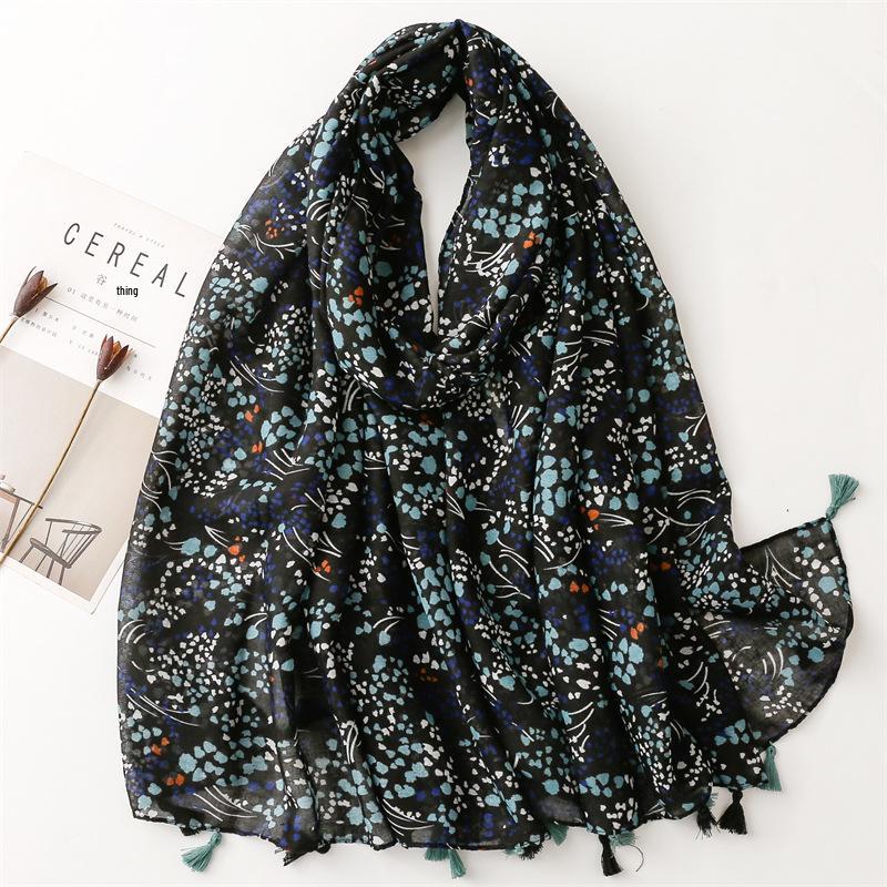 "Bali Yarn Cotton-Linen Scarf: Fresh Solid Color, Fruit Green & Bright Yellow Leaf Print with Tassel Detail"