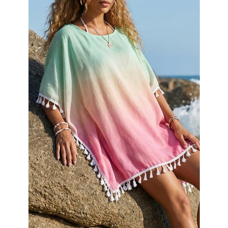 Casual Loose Gradient Printed Tassel Splicing Women Beach Cover Up T Shirt