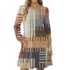 Women's Long Sleeve Pleated Round Neck Plaid Stripe Print Casual Dress With Pockets