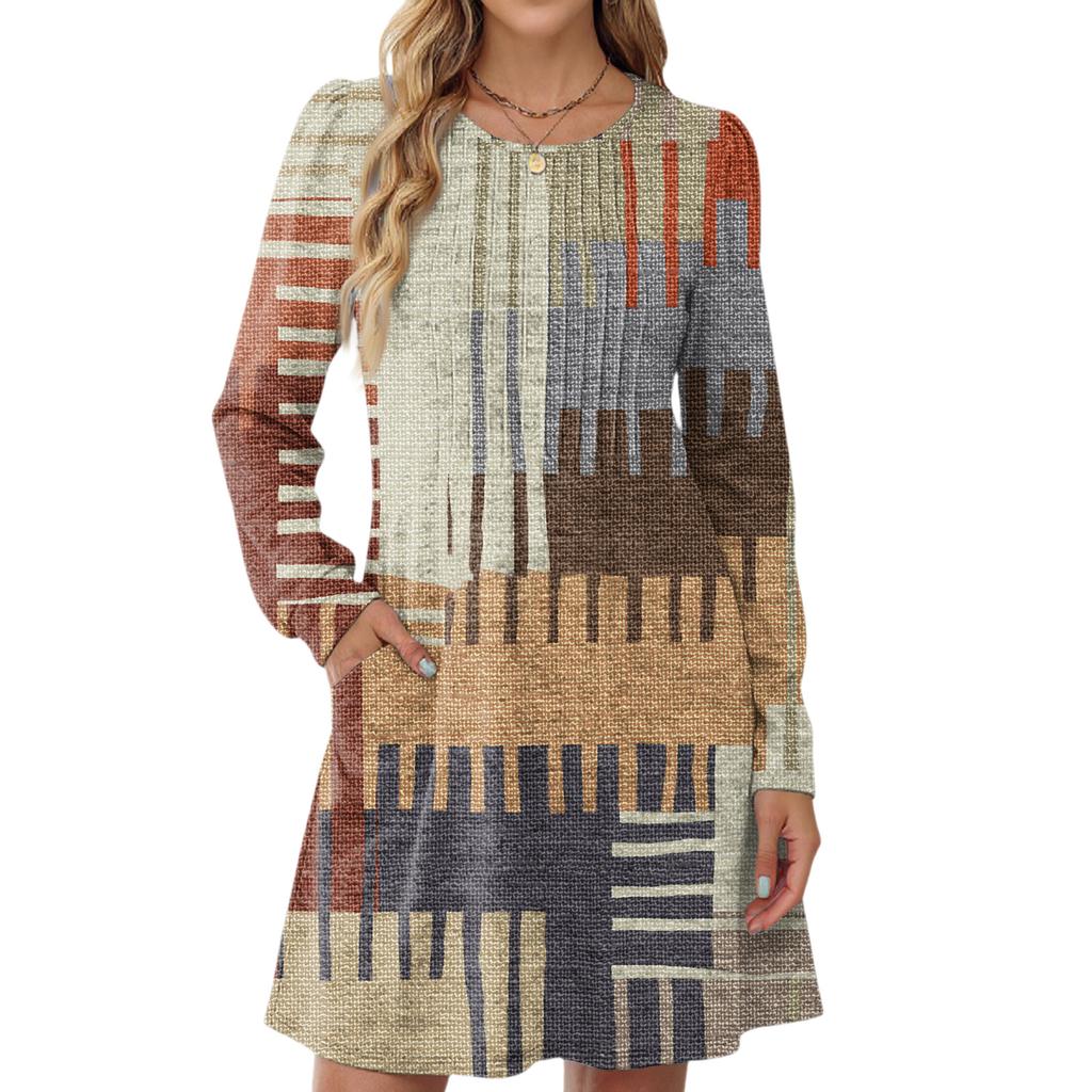 Women's Long Sleeve Pleated Round Neck Plaid Stripe Print Casual Dress With Pockets