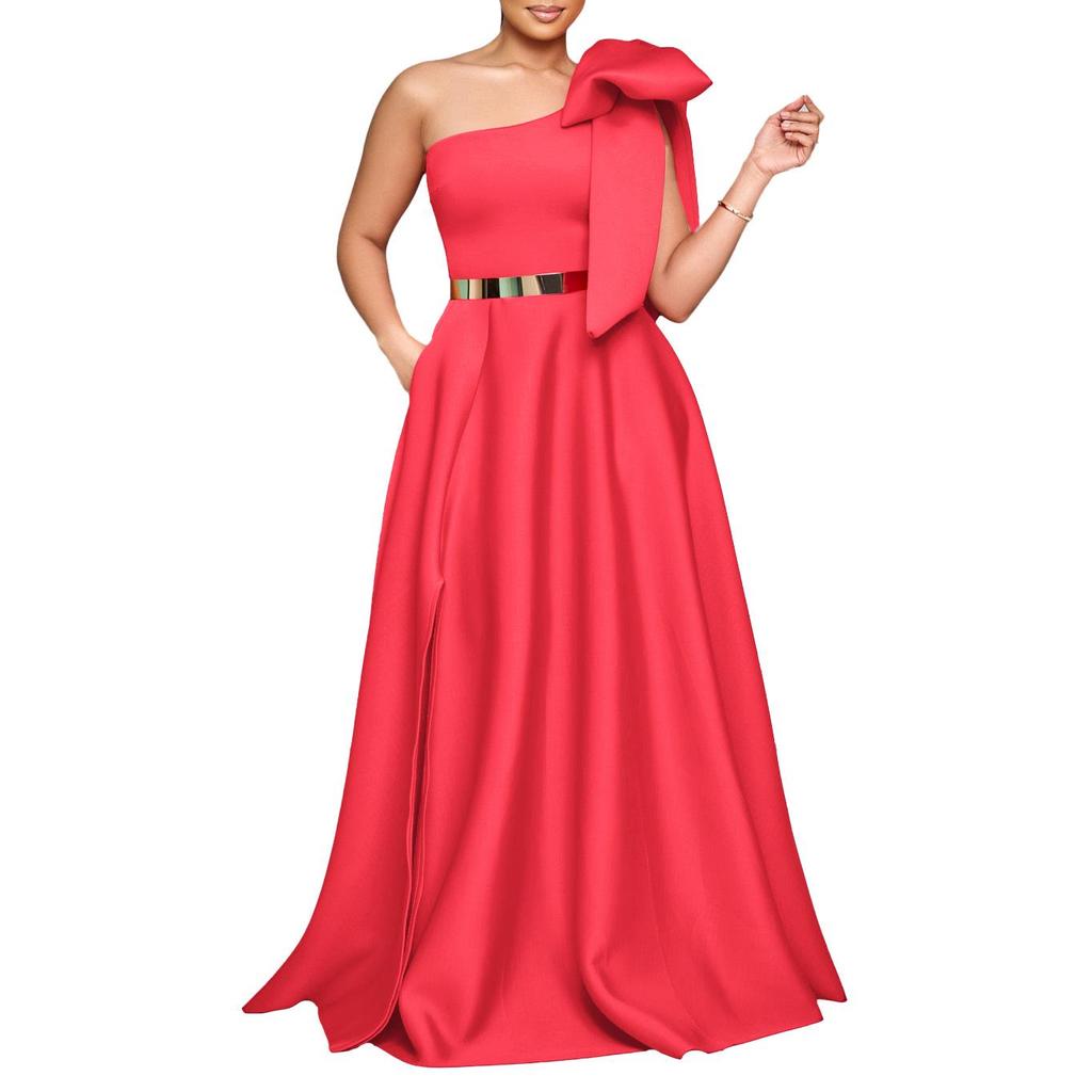 C8613 Elegant European and American Summer One-Shoulder Bow Long Evening Dress