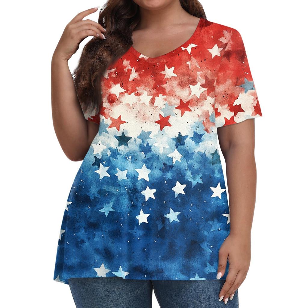 Damenmode Lässig V-Ausschnitt Pullover Kurzarm Übergröße Bedrucktes T-Shirt Top