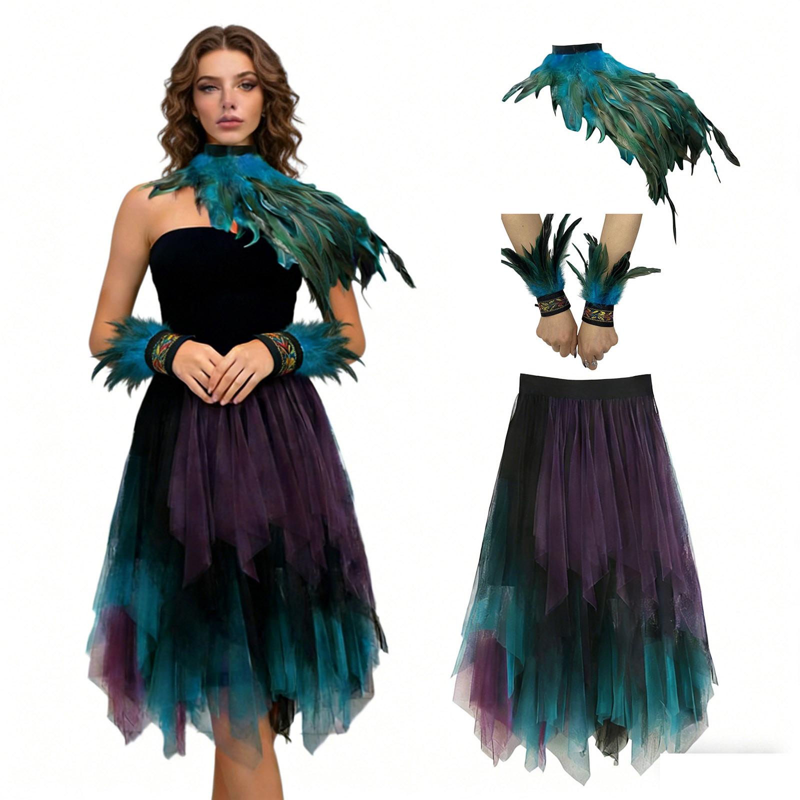 

Ladies Peacock Set, Feather Shawl+Bracelet+Skirt, Dress up Three Piece Set One Size