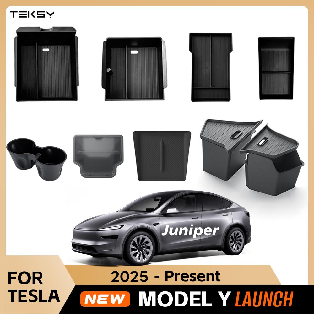 for Tesla New Model Y Juniper Launch 2025 Console & Armrest & Rear Trunk Storage Bins Side Box Organiser Watercup Accessories