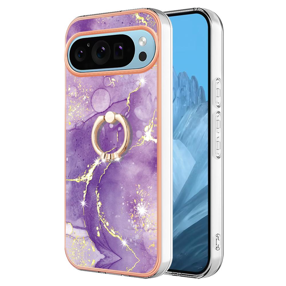 For Google Pixel 9/Pixel 9 Pro Case with Ring Kickstand Marble Pattern Electroplating TPU Back Cover