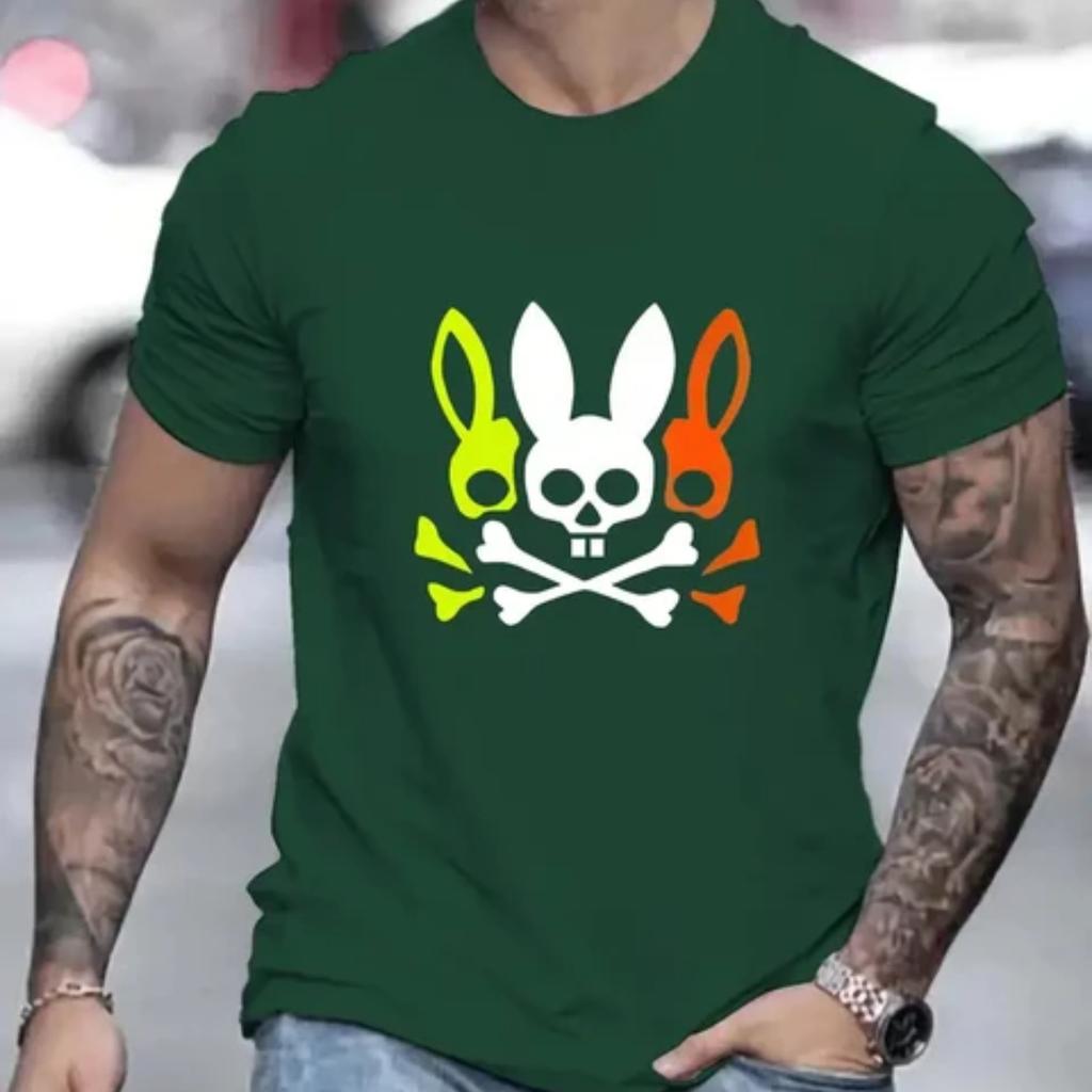 Men's colorful rabbit logo printed T-shirt, hip-hop trend Harajuku street clothing, round neck short sleeved casual top,