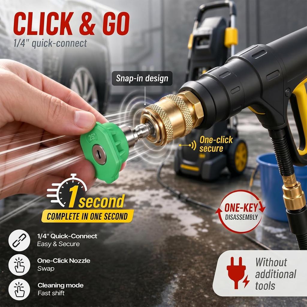 6 Pcs Pressure Washer Spray Nozzle Tips with Adapter for K2-K7, 1/4 Inch Quick Release Multi-Degree Connection Washers Nozzles Set for Car, Garden