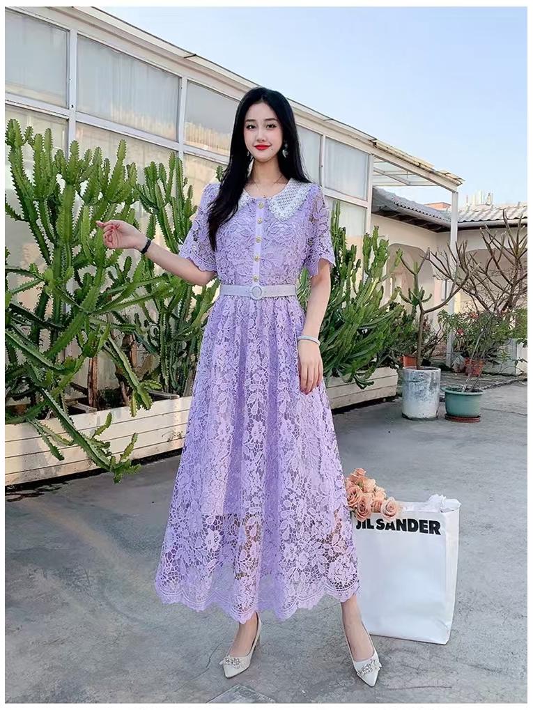 

Женское французское милое платье миди с цветными блоками, воротником Питер Пэн, приталенного кроя и кружевом One Size фиолетовый