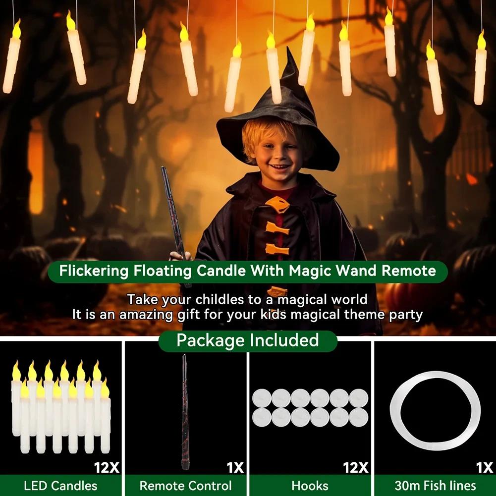 12pc Set LED Flameless Floating Candle with Wand Remote Timer Battery Powered Flickering Christmas Candles for Home Window Decor