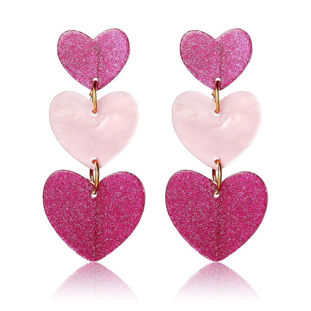 Pink Three-Layer Heart-Shaped Love Light Luxury Earrings