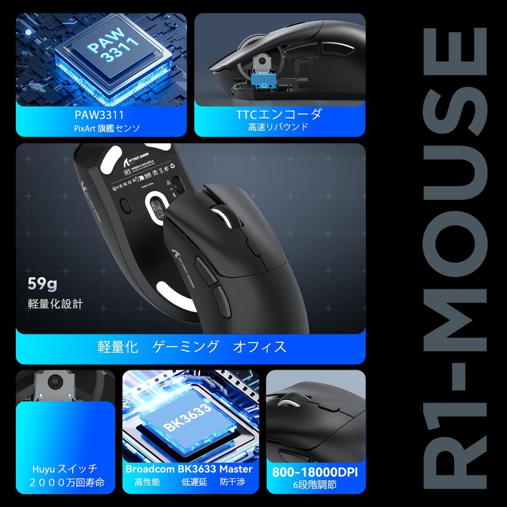 ATTACK SHARK X ZIYOU LANG R1 Gaming SUPERLIGHT Wireless Ergonomic Black Mouse, 2.4Ghz/Bluetooth/Type-C PAW3311, 18000DPI, Ultra-Lightweight 59g,