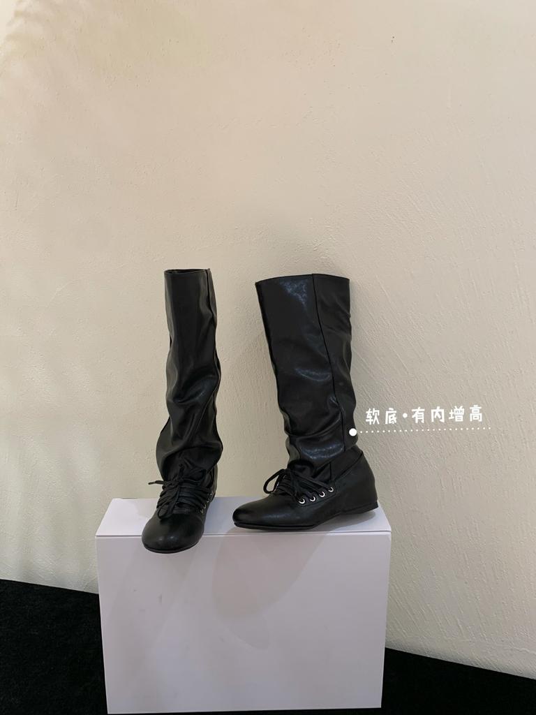 Vintage Western Pile Boots Women's 2025 Summer New Square Head Inner Height Increasing Lace-up Folded Calf Boots