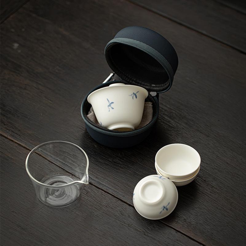Chinese Portable Travel Ceramic Tea Set Glass Fair Cup Handmade Orchid Gaiwan Teacup Tradition Teaware with Storage Bag