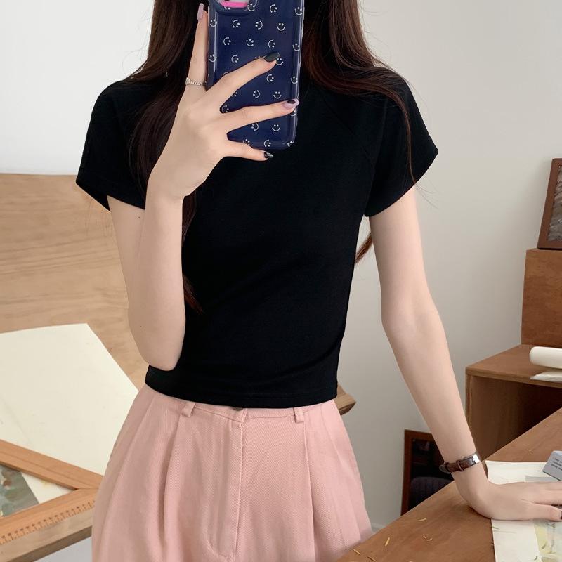 Purple American Retro Small Fly Sleeve Short Sleeve T-shirt Women's Summer High Waist Slim Fit Hot Girl Short French Top