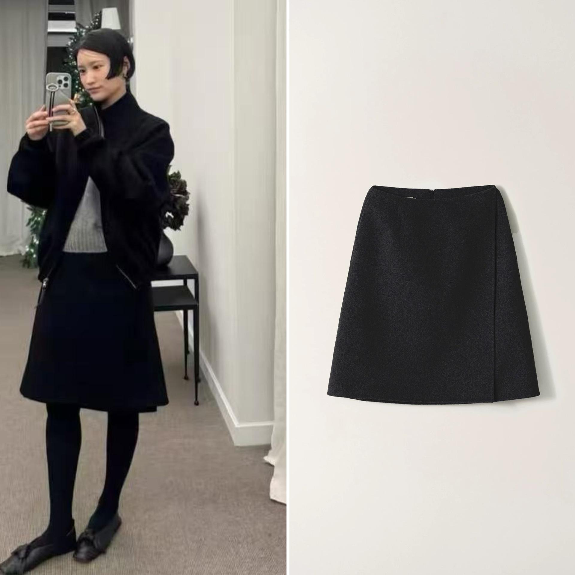 100% Wool Midi Skirt - Korean Designer, Women s High-End Fashion S чёрный
