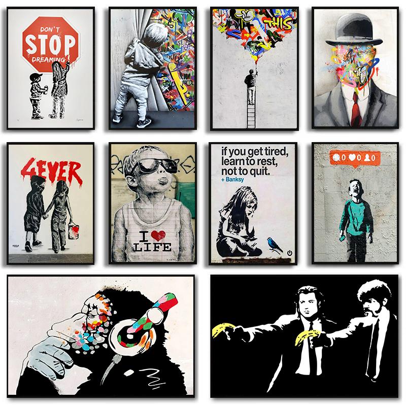 Banksy Street Graffiti Dekorativní Plátno Malba Dívka s Balónkem Sleduj Své Sny Opice Umění Plakáty Tisky Pokoj Nástěnná Dekorace