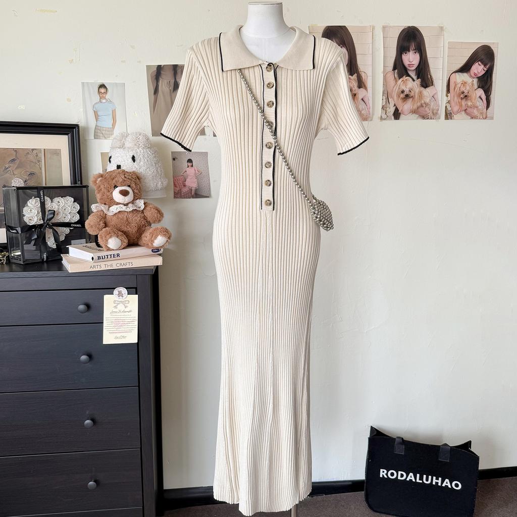 Short-sleeved Lapel Knitted Skirt Women's 2025 Summer and Autumn New Pit Strip Single-breasted Tight Mid-length Dress