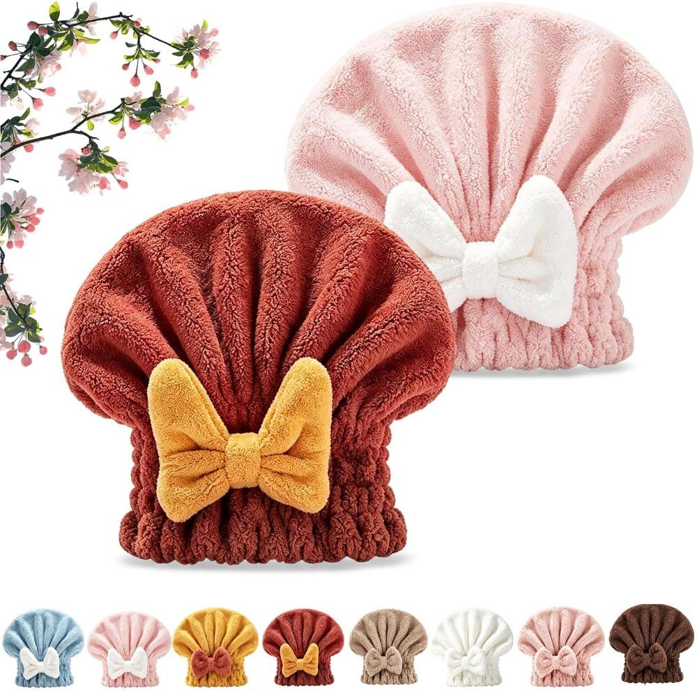 Coral Velvet Cute Bow Bath Cap, Quick Dry Hair Towel Wrap for Women, Soft Fleece Shower Cap, Saves Time Keeps Hair Mess-Free
