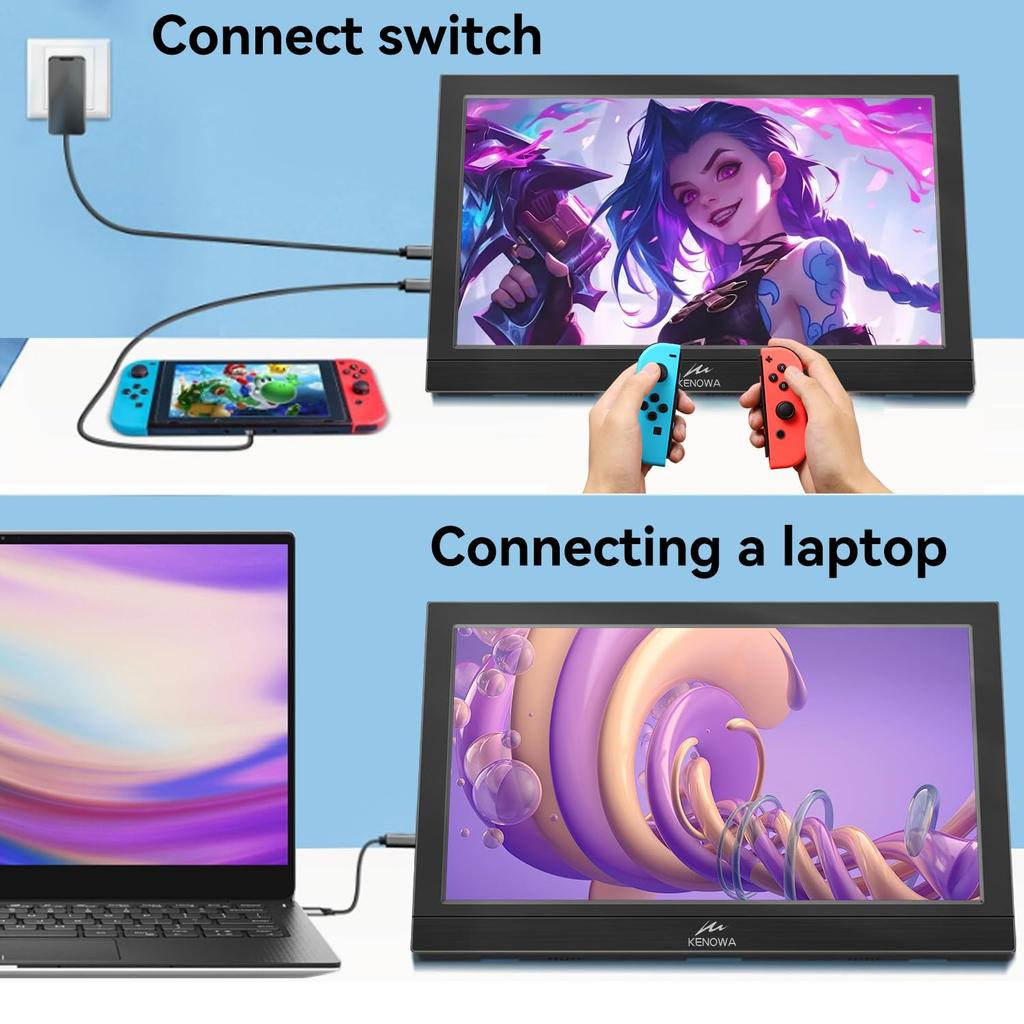 Kenowa Portable Slim and VESA USB HDMI Compatible with Raspberry and More 11.6-inch HD1366768 Monitor, Lightweight, Compatible, Type-C, Port, PCs,