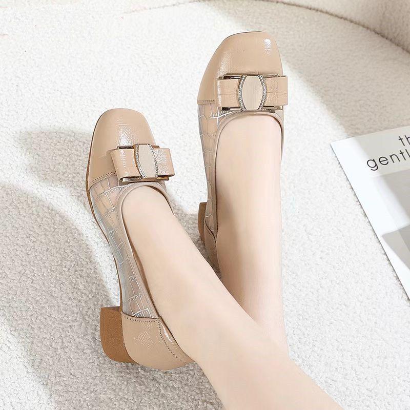 Woman Pumps Leather Casual with Medium Heels Shoes for Women Bow Square Toe Elegant Dress Young Popular Chic Point Footwear 39