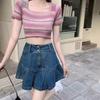 High Waist Pleated Denim Skirt Women A-Line Mini Tummy Control Slimming Fit Pear Shape