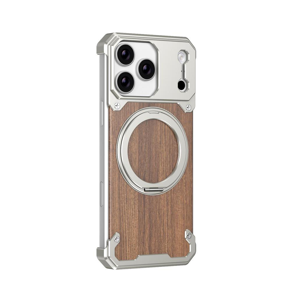 Luxury Metal Alloy Frame Wood Frameless Phone Case For iPhone 17 pro max 16 15 Pro Max Magsafe Magnet 360 Rotating Bracket Cover