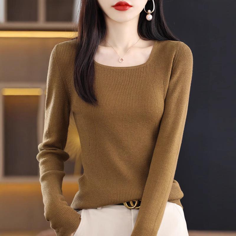 2025 Slim Fit Women's Square Neck 100% Wool Sweater - Thin U-neck Base Layer Top