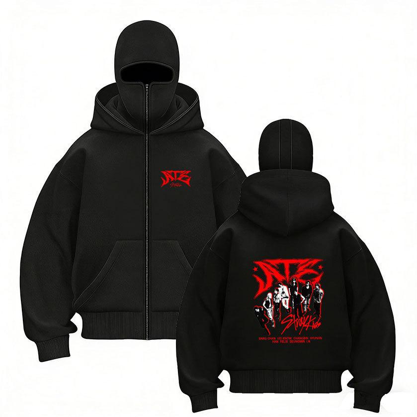 Stray Kids Skz Harajuku Printed Stray Kids Double Hood Zip-Up, Harajuku Print SKZ Hoodie for STAY Two-hat Zip-up Shirt for Men and Women