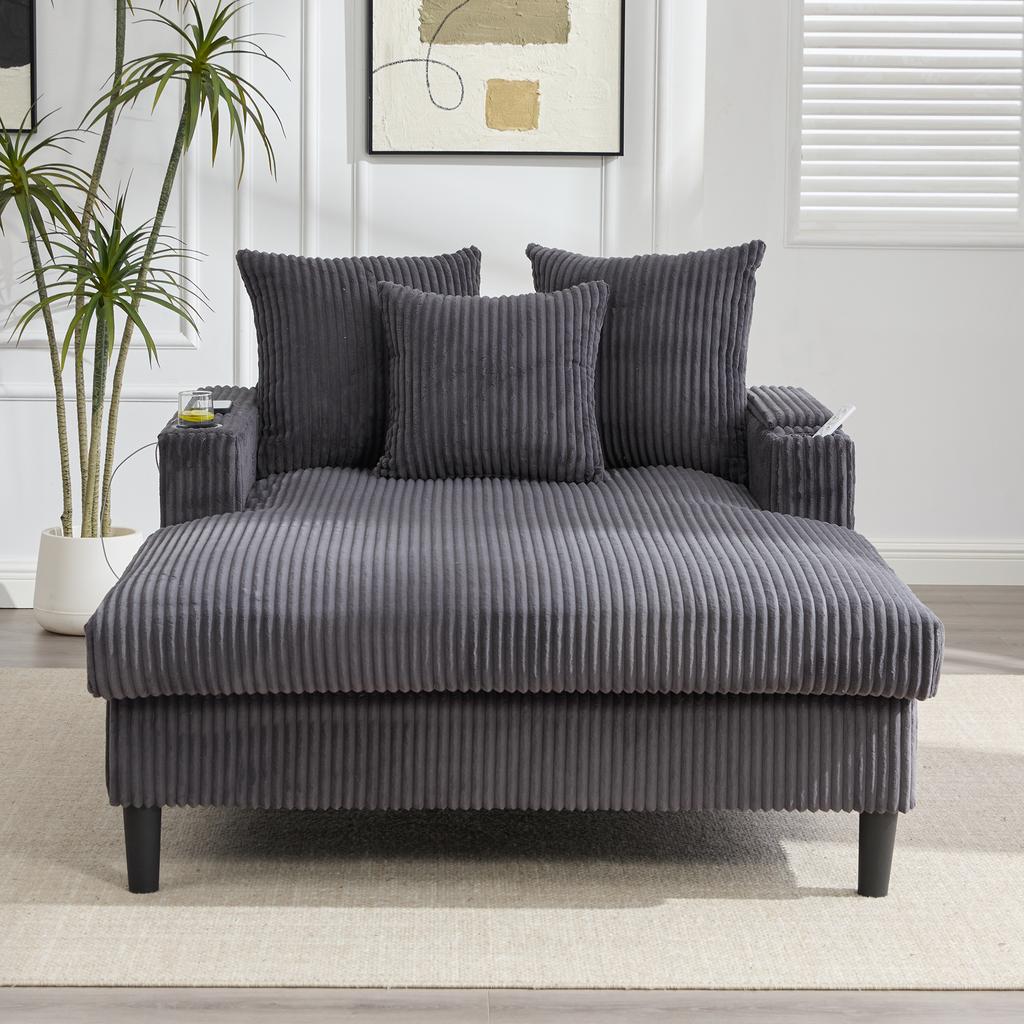 Multifunctional Corduroy Lounge with Chaise Longue with Lying Surface, Cup Holders, LED Lighting, Side Pocket, Storage Space, USB Port, Plastic Feet