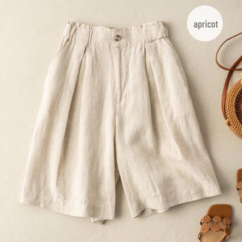 

Summer Elastic Waist Cotton-Linen Capris with Wide Legs and Retro Solid Color 2XL абрикосовый